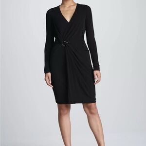 Halston Heritage Wrap Dress Womens Navy Blue Plunge V Neck Size 0 Long Sleeve